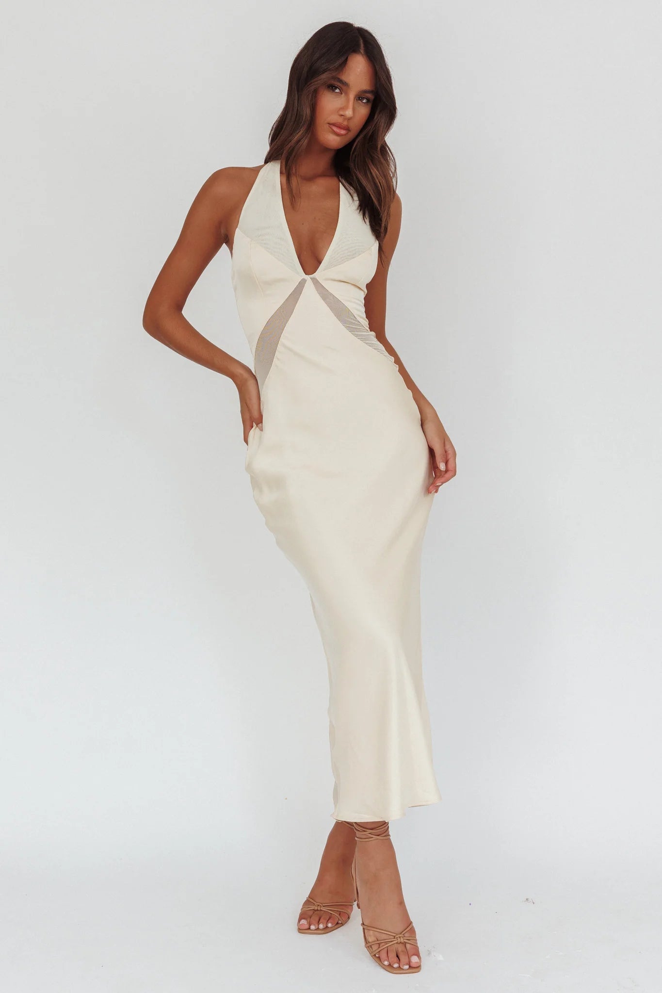Kasi Sheer Panel Halter Maxi Dress Butter