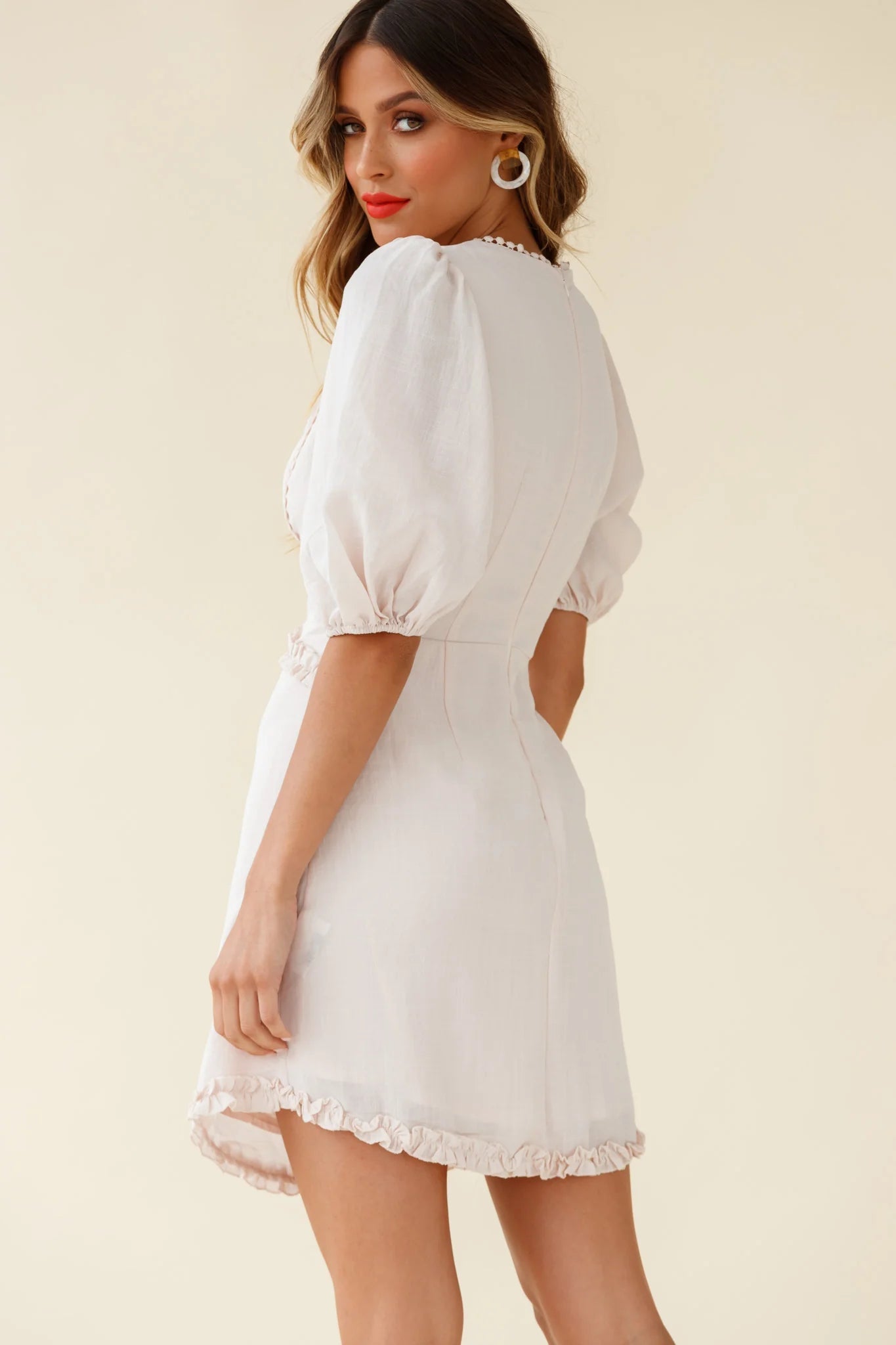 Meant To Be Puff Sleeve Frill Detail Dress Beige