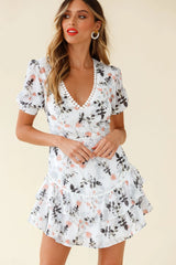 Think About It Puff Sleeve Layered Ruffle Dress Floral Print White