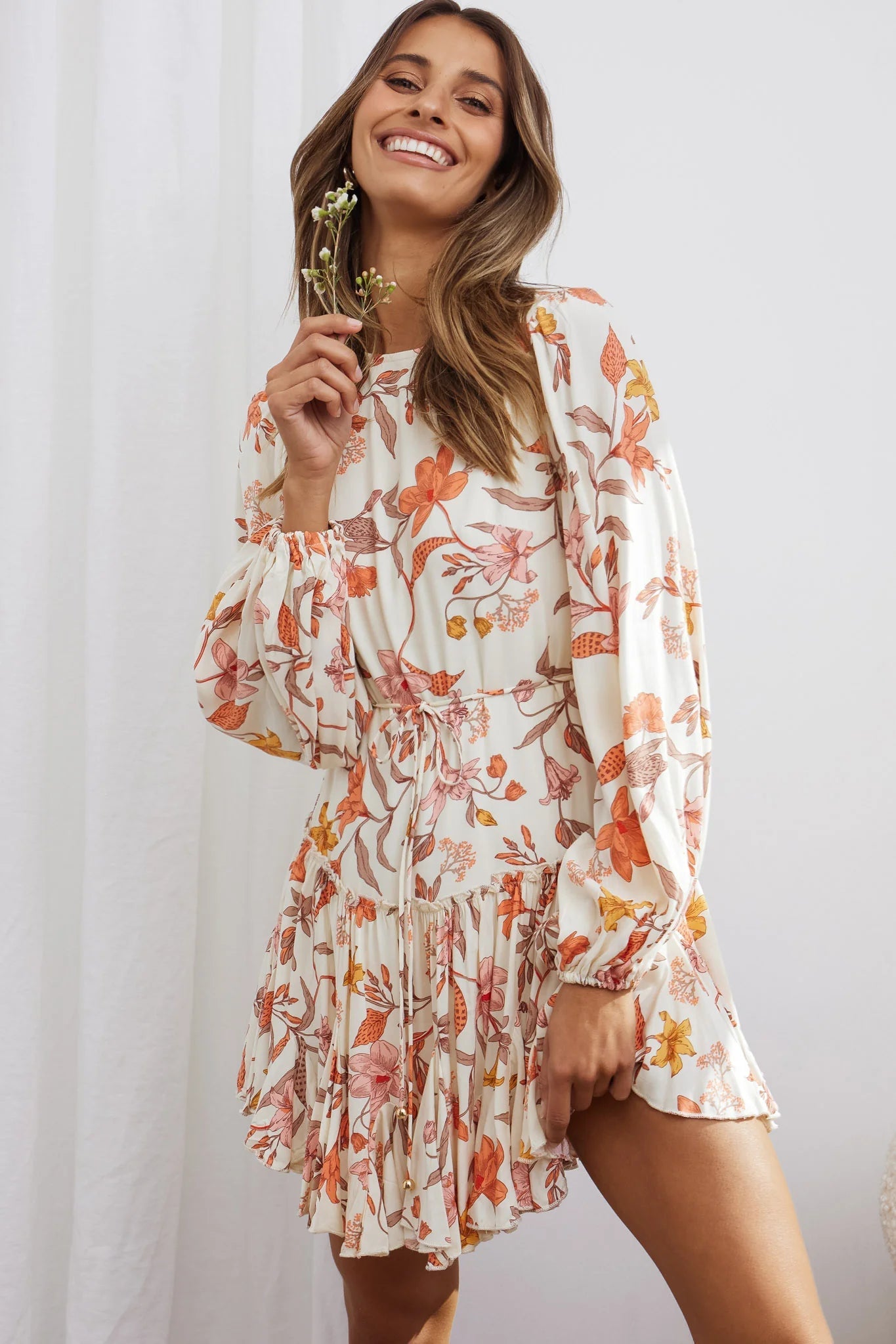 Rosabel Balloon Sleeve Fluted Hem Dress Vintage Floral Print Beige