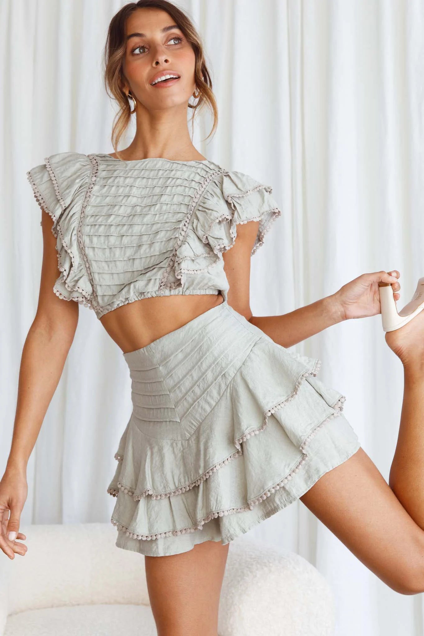 Wild And Free Pintuck Pleat And Layered Ruffle Shorts Pistachio