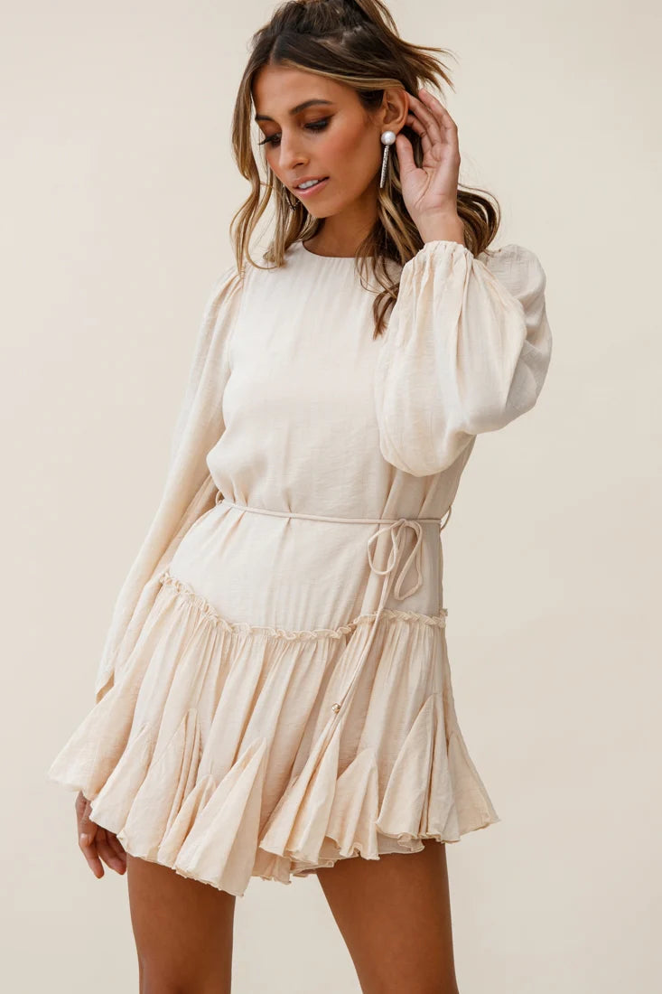 Rosabel Balloon Sleeve Fluted Hem Dress Beige