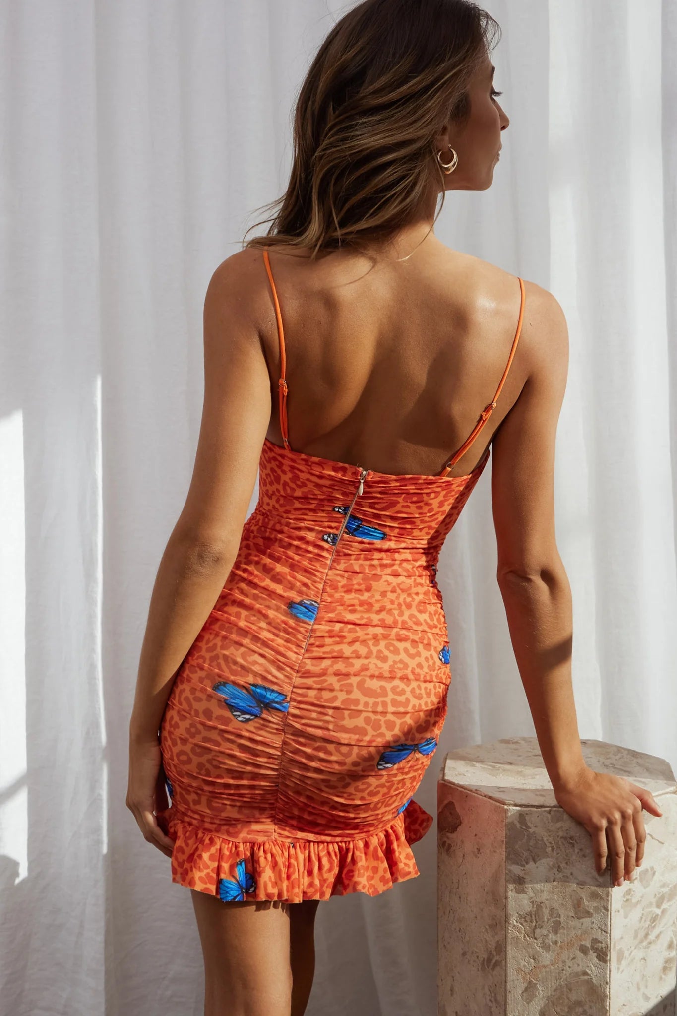 Worth The Wait Ruched Ruffle Hem Mini Dress Butterfly Print Coral