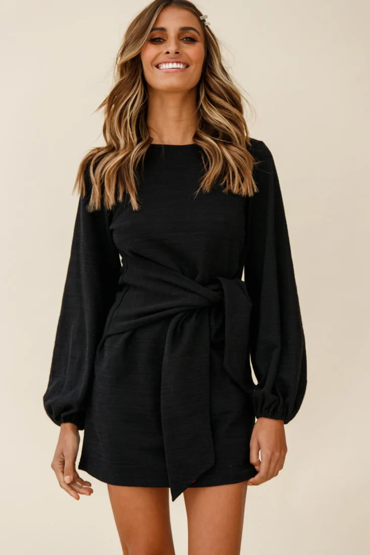 Rapt Waist Tie Bishop Sleeve Knit Dress Black