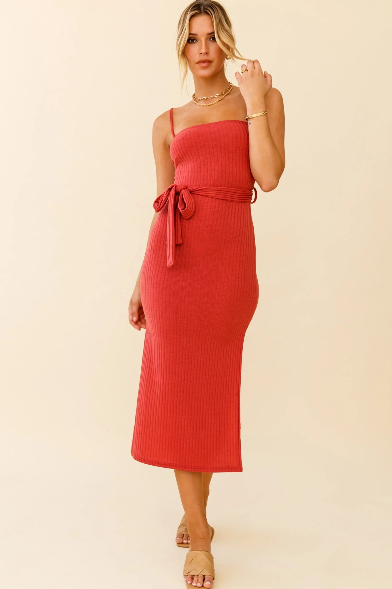 Serenade Me Square Neckline Side Split Midi Dress Rose