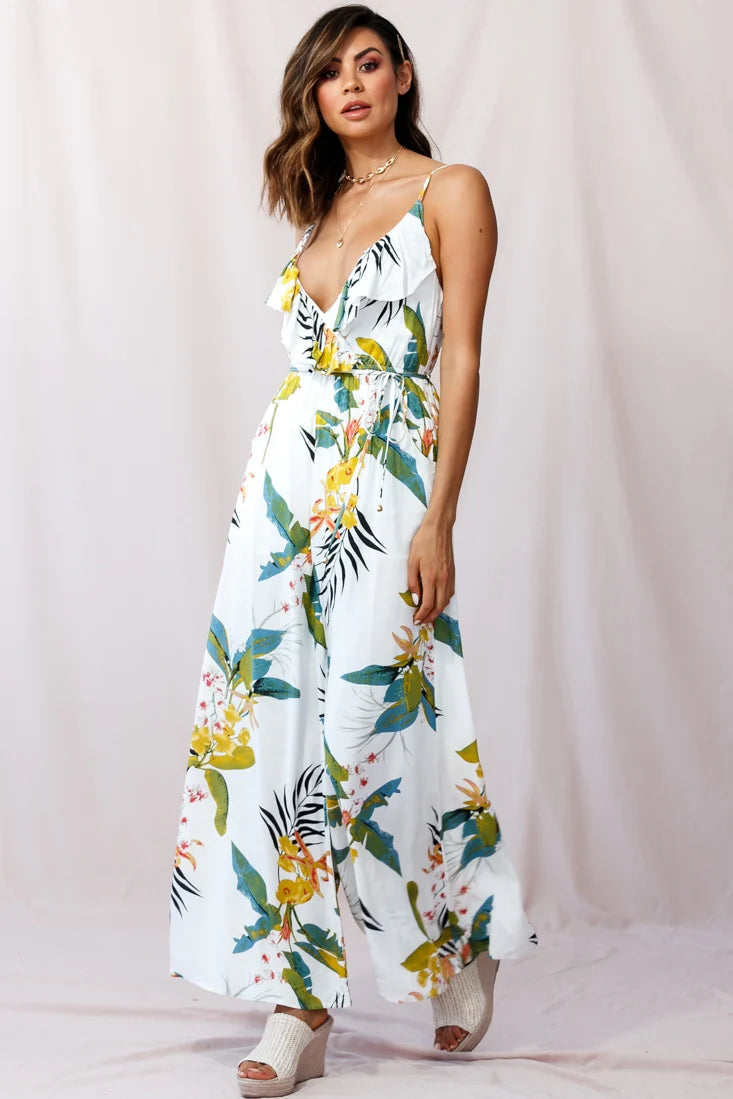 Melita Ruffle V-Neckline Jumpsuit Tropical Print White