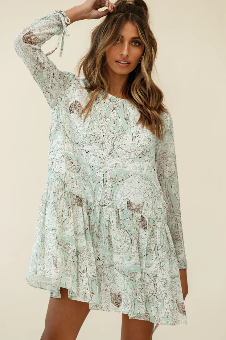 Mina Long Sleeve Button Back Shift Dress Ornate Print Green