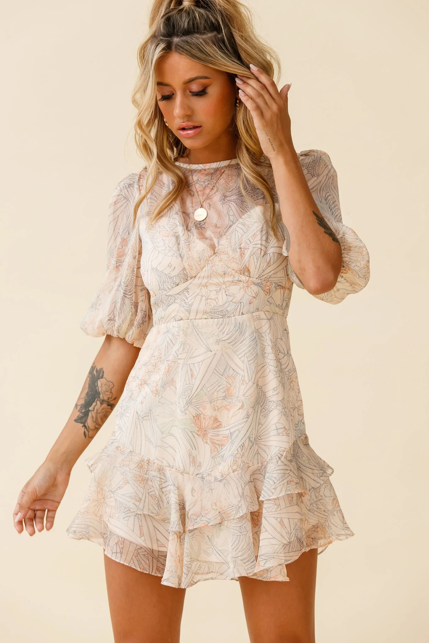 She Knows Puff Sleeve Ruffle Trim Dress Botanic Print Nude