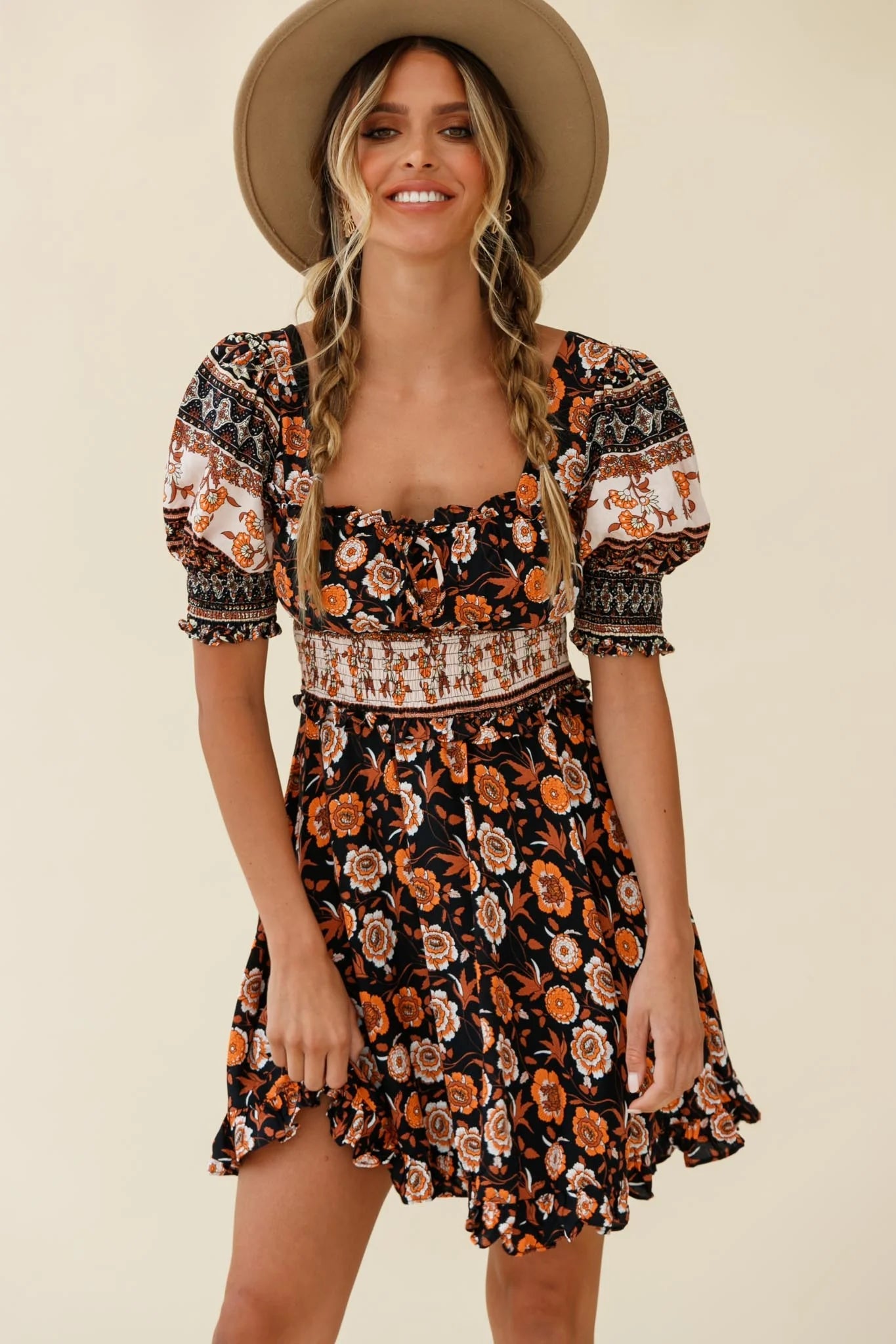 Summer In Paris Puff Sleeve Open Back Dress Floral Print Black Multi